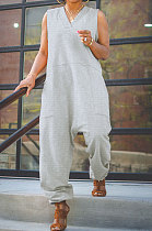 Gray Women Sleeveless V Collar Solid Color Fleece Loose High Waist Casual Jumpsuit OMY0027-1