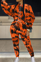 Orange Personality Tie Dye Printing Loose Long Sleeve Bandage Wearing Jumpers Sweat Pants Sets HMR6054-3