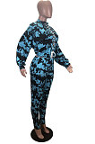 Blue Personality Tie Dye Printing Loose Long Sleeve Bandage Wearing Jumpers Sweat Pants Sets HMR6054-2
