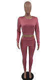 Brown Autumn New Long Sleeve Round Collar Crop Top Bodycon Pants Solid Color Sport Sets HMR6056