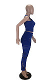 Sky Blue Night Club Pure Color Sleeveless Round Neck Tank Bodycon Pencil Pants Hollow Out Casual Sets HMR6052-3