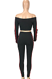 Black Fashion Casual A Wrod Shoulder Long Sleeve Crop Top Pencil Pants Edge Strip Sport Sets SM9201-3