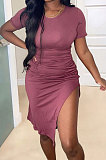 Russet-Red Pure Color Short Sleeve Round Collar Drawsting Split Mini Dress OMY0021-1