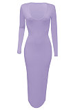 Light Purple Women Deep V Neck Tight Sexy Long Sleeve Long Dress Q910-11