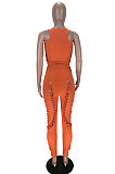 Orange Night Club Pure Color Sleeveless Round Neck Tank Bodycon Pencil Pants Hollow Out Casual Sets HMR6052-1