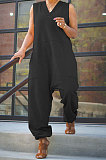 Black Women Sleeveless V Collar Solid Color Fleece Loose High Waist Casual Jumpsuit OMY0027-2