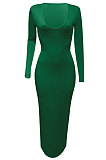 Green Women Deep V Neck Tight Sexy Long Sleeve Long Dress Q910-13