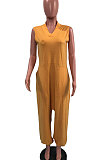 Orange Women Sleeveless V Collar Solid Color Fleece Loose High Waist Casual Jumpsuit OMY0027-4