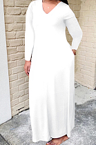 White Bid Yards Wholesal Simple Long Sleeve V Neck Loose Casual Long Dress QSS51041-5