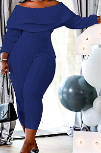 Blue Big Yards Ruffle A Wrod Shoulder Long Sleeve With Pocket Pure Color Slim Fitting Jumpsuits QSS51039-2