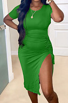 Green Pure Color Short Sleeve Round Collar Drawsting Split Mini Dress OMY0021-2
