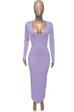 Light Purple Women Deep V Neck Tight Sexy Long Sleeve Long Dress Q910-11