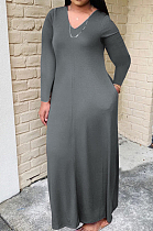 Gray Bid Yards Wholesal Simple Long Sleeve V Neck Loose Casual Long Dress QSS51041-1