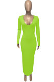 Neon Green Women Deep V Neck Tight Sexy Long Sleeve Long Dress Q910-10