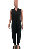 Black Women Sleeveless V Collar Solid Color Fleece Loose High Waist Casual Jumpsuit OMY0027-2