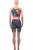 Colorful Women Shirred Detail Tanks Printing Stretch Ribber Shorts Sets PH1218-4