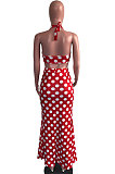 Red Women Hallter Neck Trendy Polka Dot Skirts Sets OMY0025-1