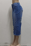 Dark Blue Casual Hole Elasticty High Waist Split Jean Long Skirts SMR2537-3