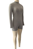 Gray Wholesal Simple Pure Color Long Sleeve Stand Neck Zippet Collcet Waist Tight Romper Shorts DN8630-4