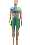 Neon Green Women Shirred Detail Tanks Printing Stretch Ribber Shorts Sets PH1218-2