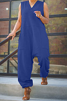 Blue Women Sleeveless V Collar Solid Color Fleece Loose High Waist Casual Jumpsuit OMY0027-3