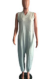Gray Women Sleeveless V Collar Solid Color Fleece Loose High Waist Casual Jumpsuit OMY0027-1