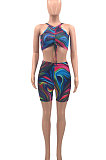Colorful Women Shirred Detail Tanks Printing Stretch Ribber Shorts Sets PH1218-4
