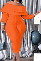 Orange Big Yards Ruffle A Wrod Shoulder Long Sleeve With Pocket Pure Color Slim Fitting Jumpsuits QSS51039-5