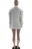White Pure Color Sexy Turn-Down Collar Cardigan Sleeve Tied Ruffle Business Suit Coat MF6641-1