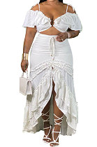 White Euramerican Sexy Deep V Collar Solid Color Mid Waist Ruffle Plus Skirt Sets K5101
