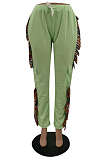 Wine Red Cotton Blend Colorful Tassel Loose Bandage Sweat Pants QSS51040-3
