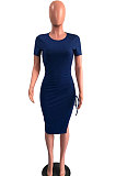 Blue Pure Color Short Sleeve Round Collar Drawsting Split Mini Dress OMY0021-4