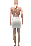 White Women Fashion Solid Color Hip Deep V  Collar Hallter Neck Backless Mini Dress PH1201-1