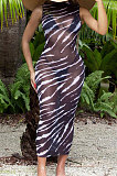 Sexy Perspective Leopard Colorful Printing Sanbeach Net Yarn Long Dress JP1035