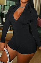 Black Wholesal Simple Pure Color Long Sleeve Stand Neck Zippet Collcet Waist Tight Romper Shorts DN8630-5