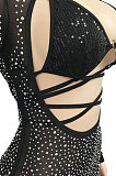 Blue Fashion Euramerican Club Hot Drilling Sequins Mesh Spaghetti Bandage Hollow Out Skirts Sets XZ5288-3