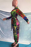 Multicolor Women Long Sleeve High Waist Printing Casual Jumpsuit OMY0032