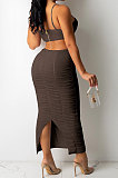 Brown Trendy Pure Color Women Sexy Condole Belt Bandage Strapless Backless Ruffle Dew Waist Long Dress XZ5287-3
