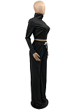 Khaki Euramerican Women Long Sleeve Stand Neck Zippet Coat Elasticband High Waist Wide Leg Pants Sport Two-Piece YYF8245-2