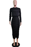 Black Wholesal Long Sleeve Round Collar Jumper Ruffle Long Skirts Casual Sets WY6850-4
