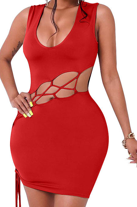 Red Euramerican Women V Collar Low-Cut Crop Sexy Bangdage Holliw Out Solid Color Mini Dress PH1221-3