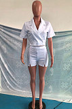 White Women Trendy Turn-Down Collar Solid Color Short Sleeve Shorts Sets OMY0031-1