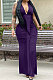 Purple Euramerican Women Sexy V Collar Ruffle Sleeveless Solid Color High Waist Long Dress OMY0029-3