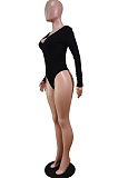 Black Sexy Casual Ribber Long Sleeve V Neck Solid Color Bodycon Romper Shorts WY6502-1