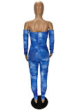 Blue Sexy Tie Dye Printing Spliced Sleeve Strapless Ruffle Boycon Jumpsuits WJ5107 