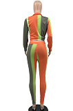 Orange Casual Women Colorful Positioning Print Two-Piece Sets Tied Shirt Tight Pants MLM9075-2
