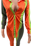 Orange Casual Women Colorful Positioning Print Two-Piece Sets Tied Shirt Tight Pants MLM9075-2