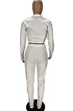 White Fashion Pure Color Long Sleeve Stand Neck Zipper Blouse High Waist Split Pants Sport Sets WJ5105-1
