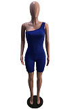 Blue Summer Wholesal Oblique Shoulder Slim Fitting Solid Color Romper Shorts YSH6233-3