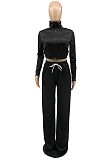 Khaki Euramerican Women Long Sleeve Stand Neck Zippet Coat Elasticband High Waist Wide Leg Pants Sport Two-Piece YYF8245-2